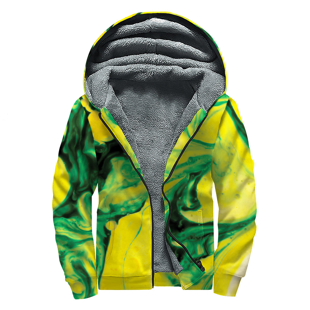 Yellow And Green Acid Melt Print Sherpa Lined Zip Up Hoodie