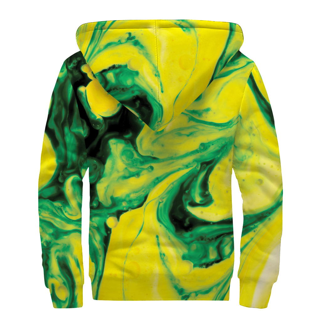 Yellow And Green Acid Melt Print Sherpa Lined Zip Up Hoodie