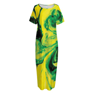 Yellow And Green Acid Melt Print Short Sleeve Long Nightdress