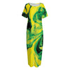 Yellow And Green Acid Melt Print Short Sleeve Long Nightdress