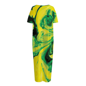 Yellow And Green Acid Melt Print Short Sleeve Long Nightdress