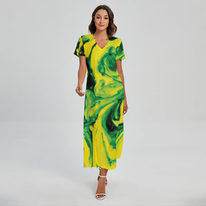 Yellow And Green Acid Melt Print Short Sleeve Maxi Dress