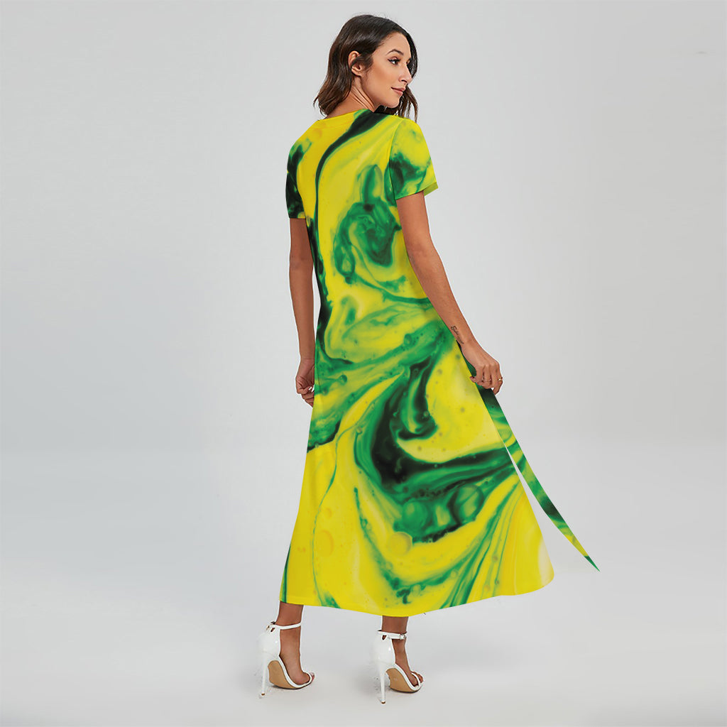 Yellow And Green Acid Melt Print Short Sleeve Maxi Dress