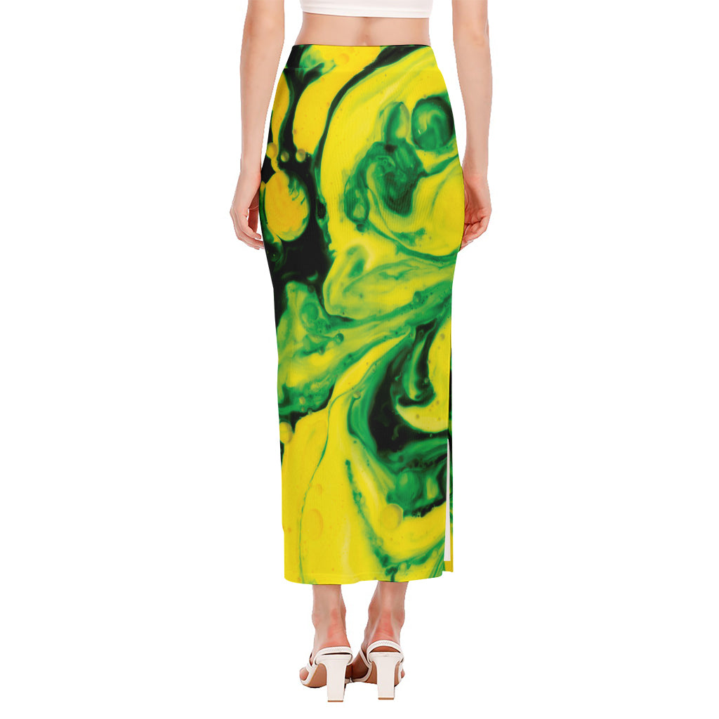 Yellow And Green Acid Melt Print Side Slit Maxi Skirt