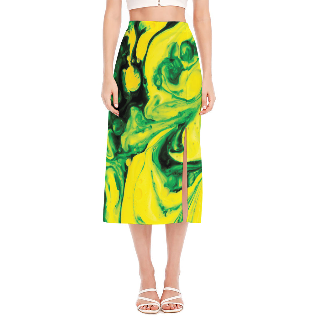 Yellow And Green Acid Melt Print Side Slit Midi Skirt