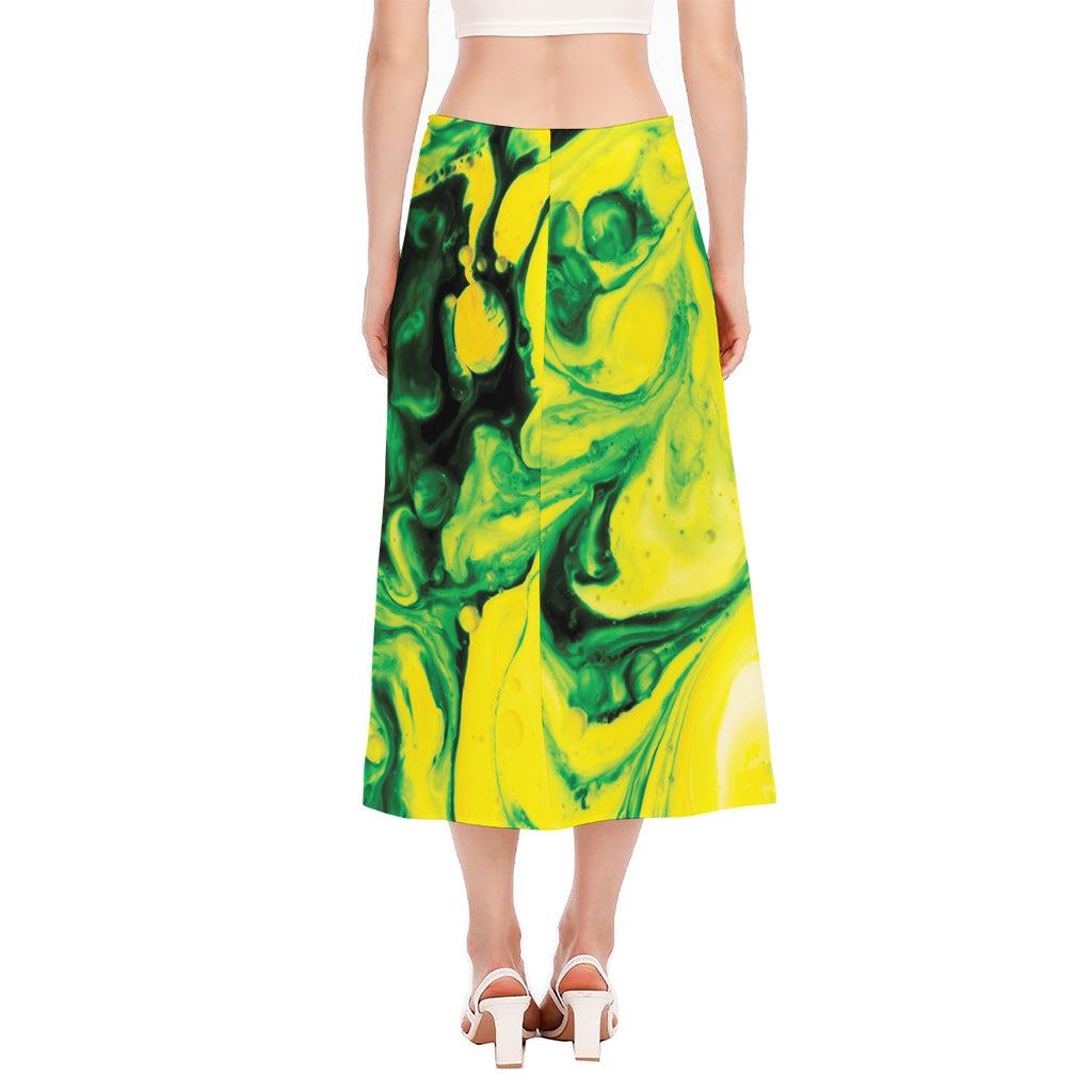 Yellow And Green Acid Melt Print Side Slit Midi Skirt