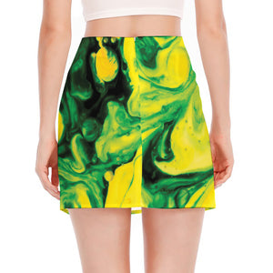 Yellow And Green Acid Melt Print Side Slit Mini Skirt