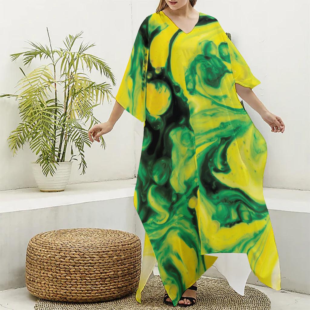 Yellow And Green Acid Melt Print Silk V-Neck Kaftan Dress