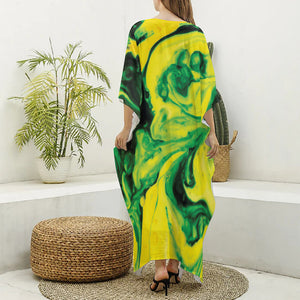 Yellow And Green Acid Melt Print Silk V-Neck Kaftan Dress