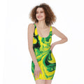 Yellow And Green Acid Melt Print Sleeveless Bodycon Dress