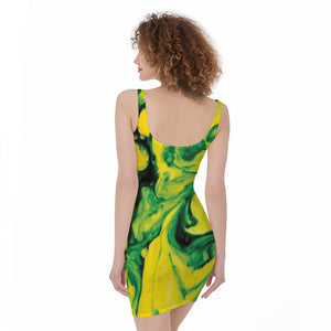 Yellow And Green Acid Melt Print Sleeveless Bodycon Dress