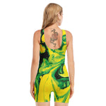 Yellow And Green Acid Melt Print Sleeveless One Piece Swimsuit