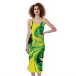 Yellow And Green Acid Melt Print Slim Fit Midi Cami Dress