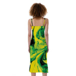 Yellow And Green Acid Melt Print Slim Fit Midi Cami Dress