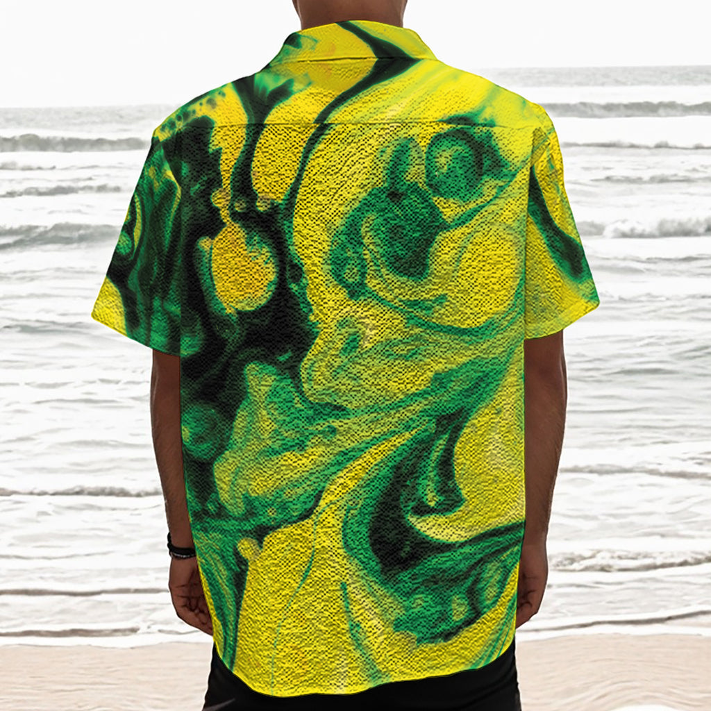 Yellow And Green Acid Melt Print Textured Short Sleeve Shirt