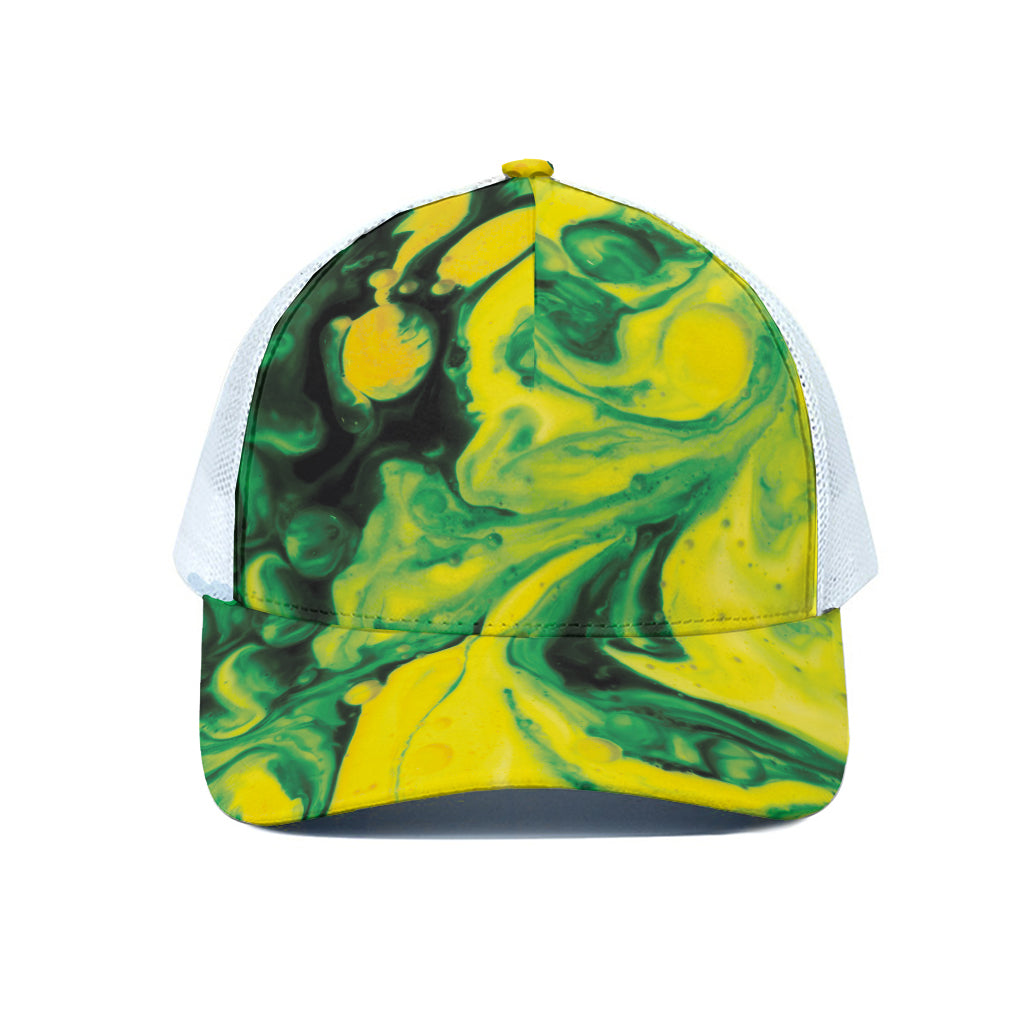 Yellow And Green Acid Melt Print White Mesh Trucker Cap