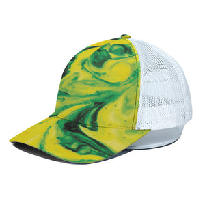 Yellow And Green Acid Melt Print White Mesh Trucker Cap