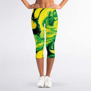 Yellow And Green Acid Melt Print Women's Capri Leggings