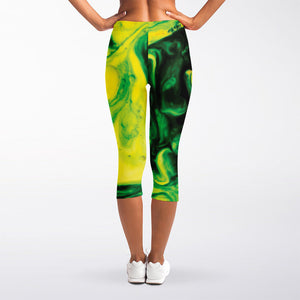 Yellow And Green Acid Melt Print Women's Capri Leggings