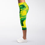 Yellow And Green Acid Melt Print Women's Capri Leggings