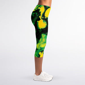 Yellow And Green Acid Melt Print Women's Capri Leggings