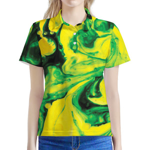 Yellow And Green Acid Melt Print Women's Polo Shirt