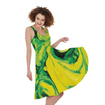 Yellow And Green Acid Melt Print Women's Sleeveless Dress