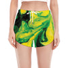 Yellow And Green Acid Melt Print Women's Split Running Shorts