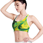Yellow And Green Acid Melt Print Women's Sports Bra