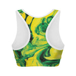 Yellow And Green Acid Melt Print Women's Sports Bra
