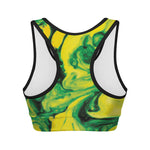 Yellow And Green Acid Melt Print Women's Sports Bra