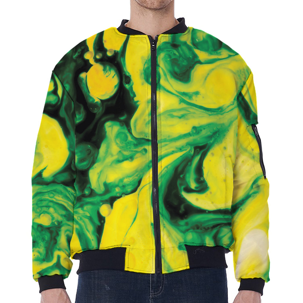 Yellow And Green Acid Melt Print Zip Sleeve Bomber Jacket