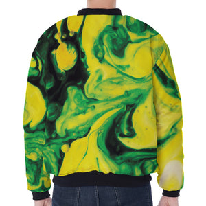 Yellow And Green Acid Melt Print Zip Sleeve Bomber Jacket