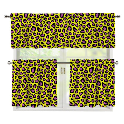 Yellow And Purple Leopard Pattern Print 3 Piece Kitchen Curtains