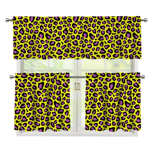 Yellow And Purple Leopard Pattern Print 3 Piece Kitchen Curtains