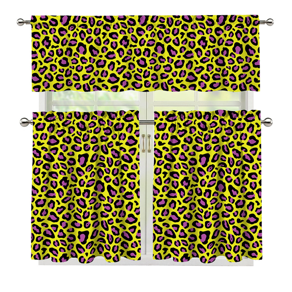 Yellow And Purple Leopard Pattern Print 3 Piece Kitchen Curtains