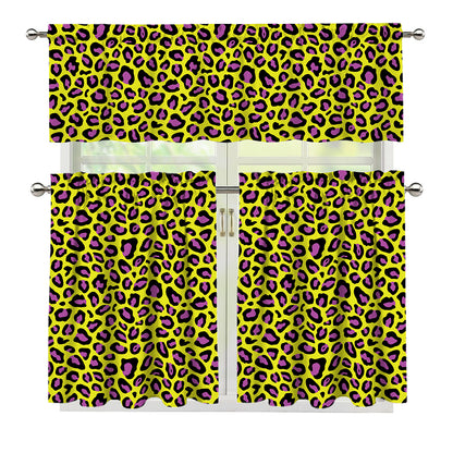 Yellow And Purple Leopard Pattern Print 3 Piece Kitchen Curtains