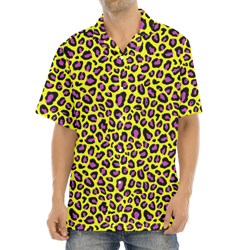 Yellow And Purple Leopard Pattern Print Aloha Shirt