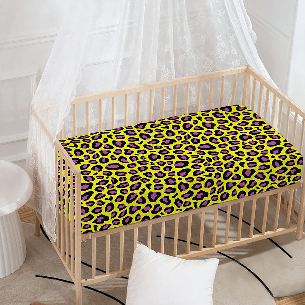 Yellow And Purple Leopard Pattern Print Baby Crib Sheet
