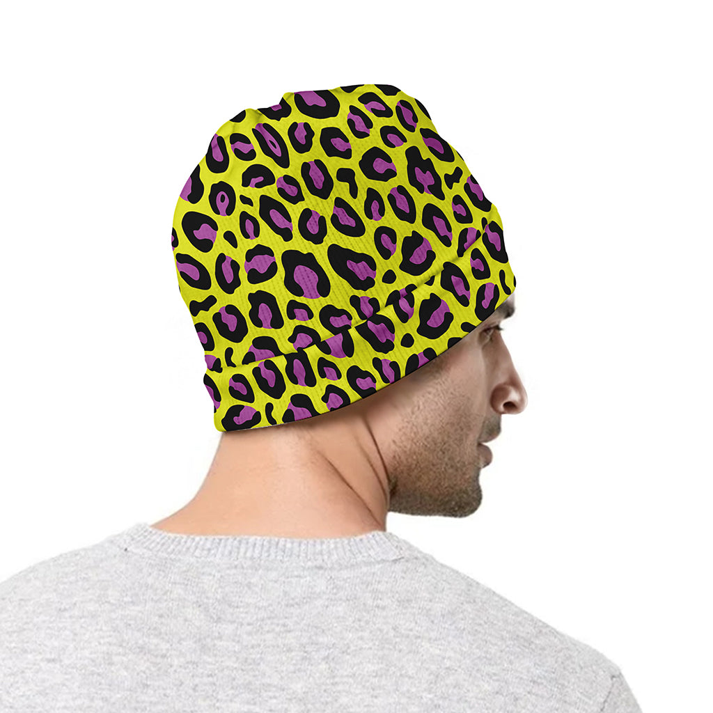 Yellow And Purple Leopard Pattern Print Beanie