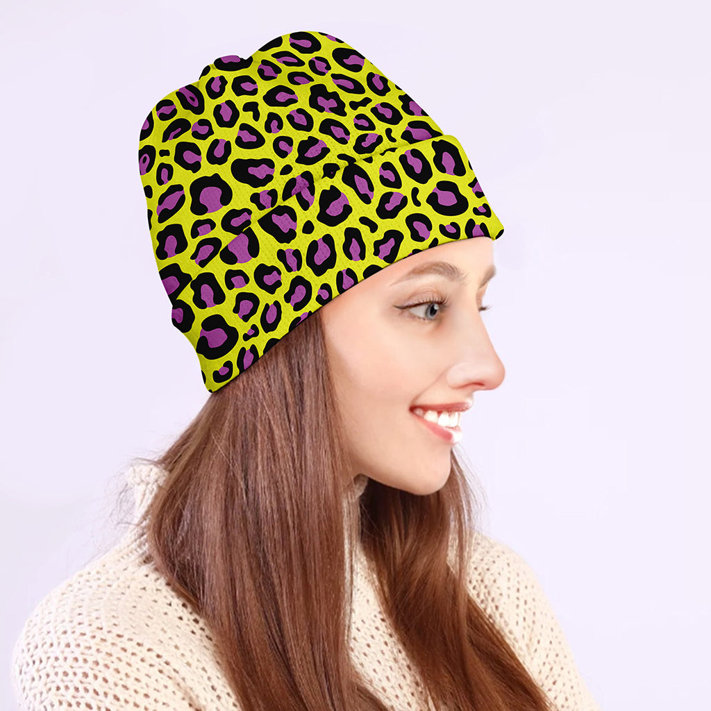Yellow And Purple Leopard Pattern Print Beanie
