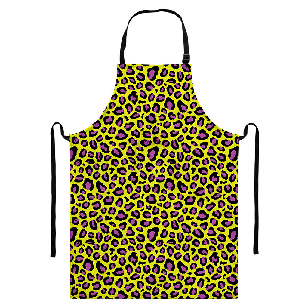 Yellow And Purple Leopard Pattern Print Bib Apron With Pocket