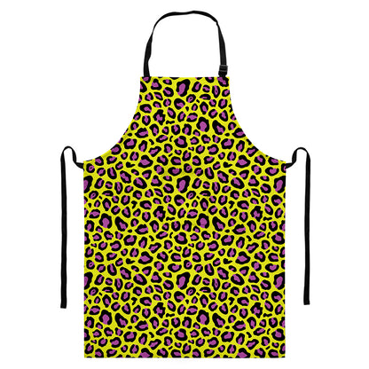 Yellow And Purple Leopard Pattern Print Bib Apron With Pocket