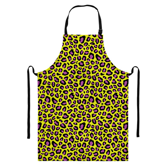 Yellow And Purple Leopard Pattern Print Bib Apron With Pocket