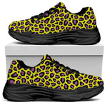 Yellow And Purple Leopard Pattern Print Black Chunky Shoes