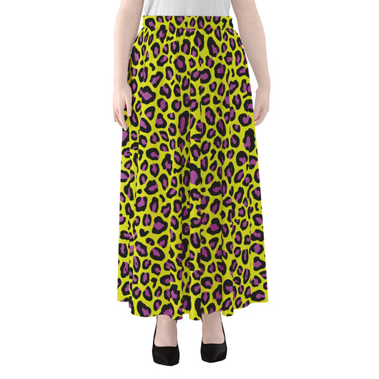 Yellow And Purple Leopard Pattern Print Chiffon Maxi Skirt