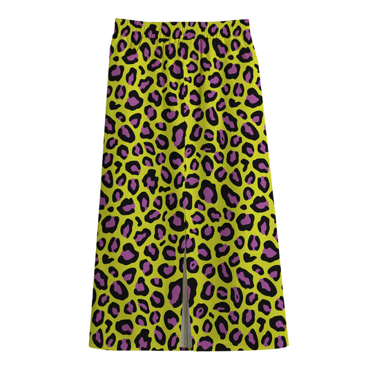 Yellow And Purple Leopard Pattern Print Cotton Front Slit Maxi Skirt