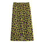 Yellow And Purple Leopard Pattern Print Cotton Front Slit Maxi Skirt