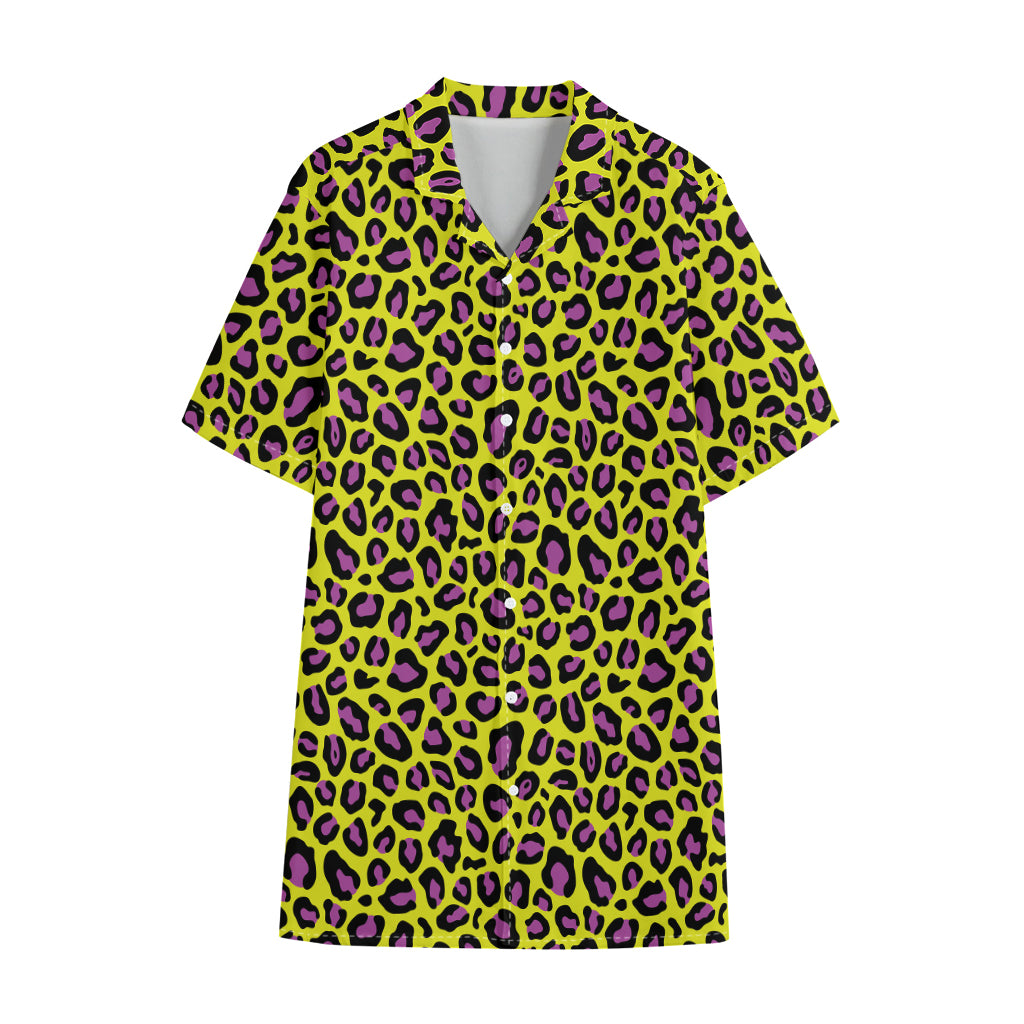 Yellow And Purple Leopard Pattern Print Cotton Hawaiian Shirt