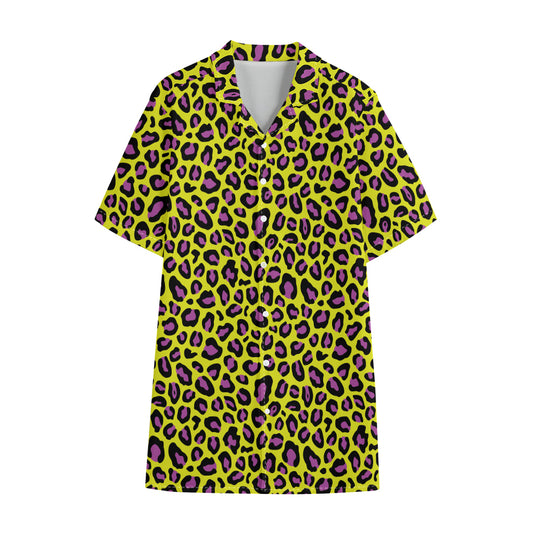 Yellow And Purple Leopard Pattern Print Cotton Hawaiian Shirt